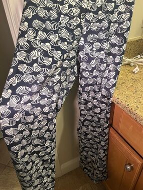 Zara Navy Blue and White Wide Leg Pants with Shells Design Waist 28” Sz M